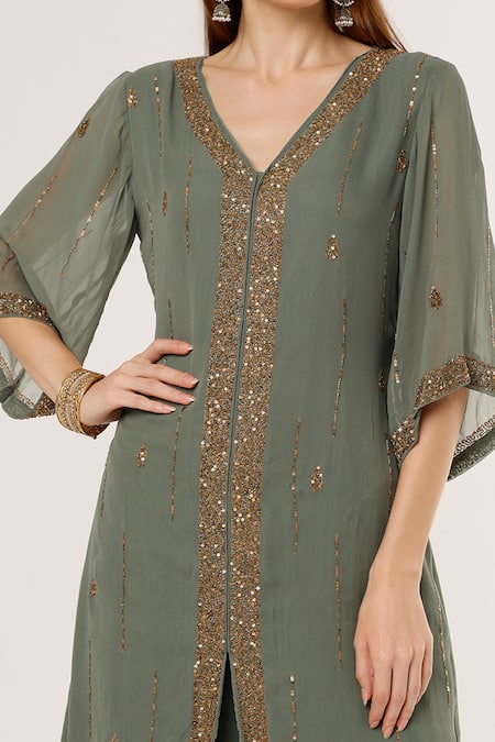 Buy_Studio A_Green Georgette Sequins, Cut Work Cutdana Embroidered Slit Kurta With Pant _Online_at_Aza_Fashions