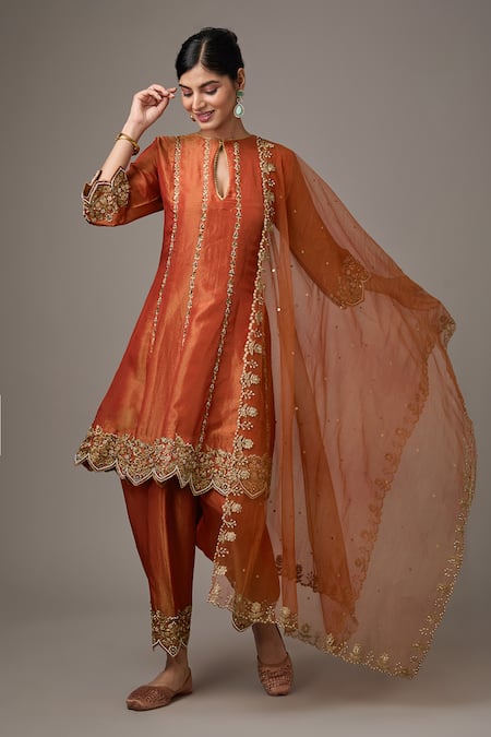 STUDIO A Orange Tissue Embroidery Floral Closed Dori A-line Kurta With Pant 