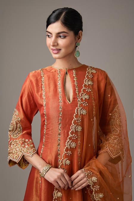 Buy Studio A Orange Net, Tissue, Silk Pearls, Sequins, Floral Dori A-line Kurta With Pant Online at Aza Fashions Buy_Studio A_Orange Net, Tissue, Silk Pearls, Sequins, Floral Dori A-line Kurta With Pant _Online_at_Aza_Fashions