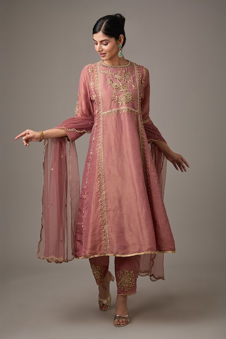 STUDIO A Pink Tissue Embroidery Floral Closed Dori A-line Kurta With Pant 