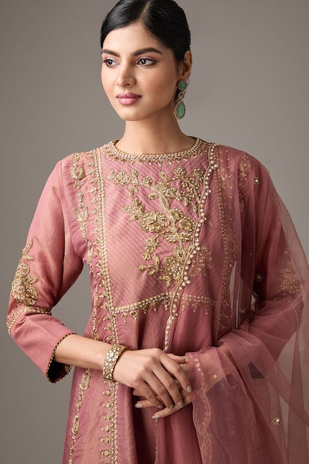Buy_Studio A_Pink Net, Tissue, Silk Sequins, Pearls, Embroidery Dori A-line Kurta With Pant _Online_at_Aza_Fashions