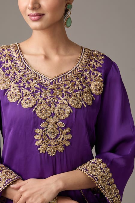 Buy_Studio A_Purple Satin, Organza Pearls, Floral Dori Embroidered A-line Kurta With Salwar _Online_at_Aza_Fashions