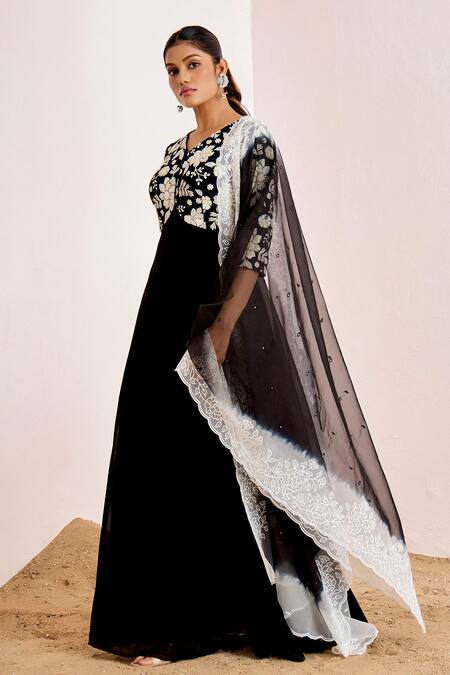 Buy_Suruchi Parakh_Black Georgette Embroidery, Sequins V-neck Yoke Anarkali With Ombre Dupatta _Online_at_Aza_Fashions