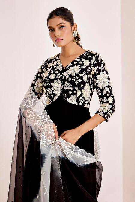 Shop_Suruchi Parakh_Black Georgette Embroidery, Sequins V-neck Yoke Anarkali With Ombre Dupatta _Online_at_Aza_Fashions