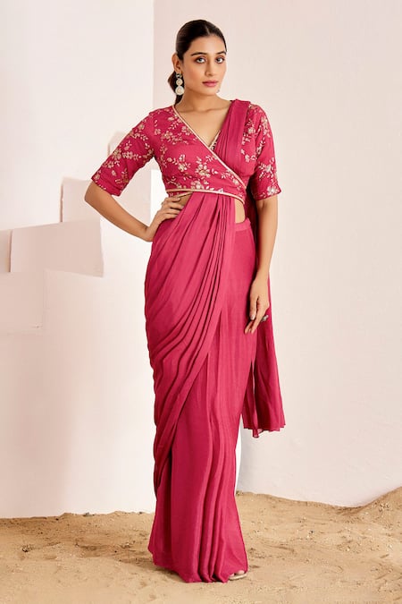 Suruchi Parakh Plain Pre-Draped Saree With Embroidered Wrap Blouse 