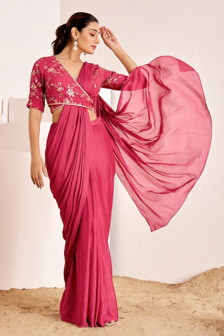Suruchi Parakh_Pink Georgette Sequins Plain Pre-draped Saree With Embroidered Wrap Blouse _Online_at_Aza_Fashions