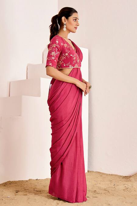 Buy_Suruchi Parakh_Pink Georgette Sequins Plain Pre-draped Saree With Embroidered Wrap Blouse _Online_at_Aza_Fashions