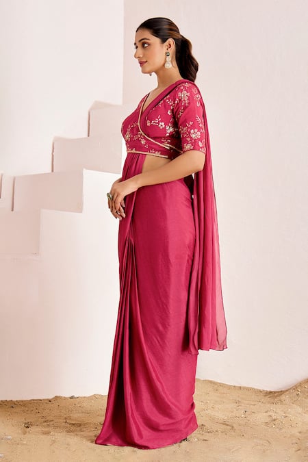 Shop_Suruchi Parakh_Pink Georgette Sequins Plain Pre-draped Saree With Embroidered Wrap Blouse _Online_at_Aza_Fashions