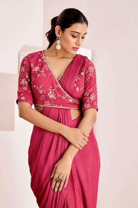 Suruchi Parakh_Pink Georgette Sequins Plain Pre-draped Saree With Embroidered Wrap Blouse _at_Aza_Fashions