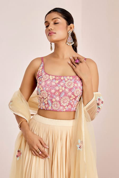 Suruchi Parakh Cream Georgette Beads, Sequins, Pearls, Embroidery Flower Thread Lehenga Set at Aza Fashions Suruchi Parakh_Cream Georgette Beads, Sequins, Pearls, Embroidery Flower Thread Lehenga Set _at_Aza_Fashions