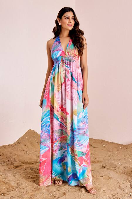 Suruchi Parakh_Multi Color Silk, Satin Halter Neck Abstract Dress _Online_at_Aza_Fashions