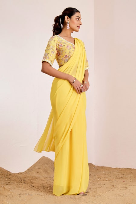 Suruchi Parakh_Yellow Georgette Sequins V-neck Plain Pre-draped Saree With Embellished Blouse _Online_at_Aza_Fashions