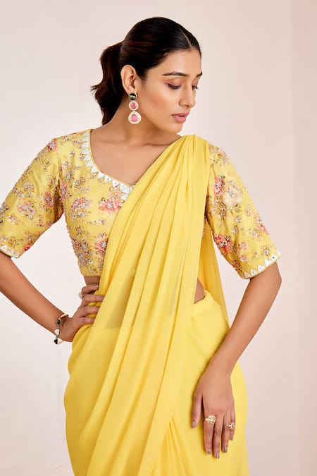 Buy_Suruchi Parakh_Yellow Georgette Sequins V-neck Plain Pre-draped Saree With Embellished Blouse _Online_at_Aza_Fashions