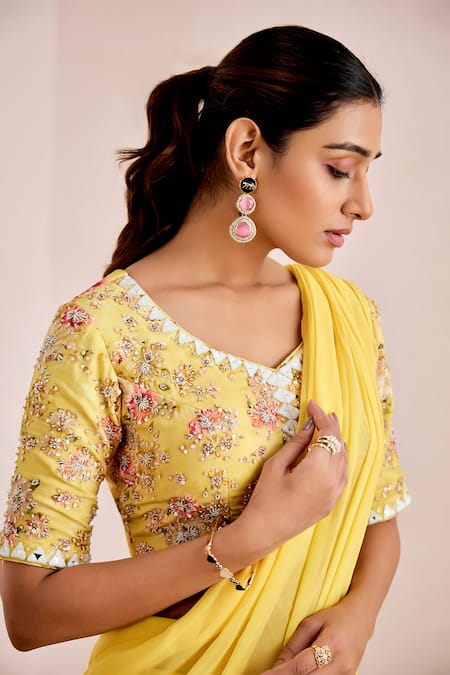 Shop_Suruchi Parakh_Yellow Georgette Sequins V-neck Plain Pre-draped Saree With Embellished Blouse _Online_at_Aza_Fashions