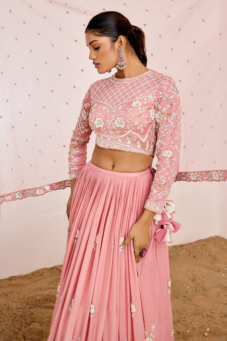 Buy Suruchi Parakh Pink Net, Satin Pearls, Sequins Round Neck Botanic Zari Embroidered Lehenga Set Online at Aza Fashions Buy_Suruchi Parakh_Pink Net, Satin Pearls, Sequins Round Neck Botanic Zari Embroidered Lehenga Set _Online_at_Aza_Fashions