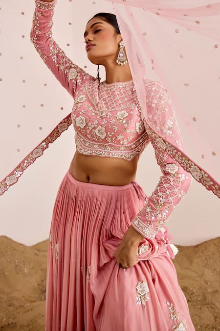 Shop Suruchi Parakh Pink Net, Satin Pearls, Sequins Round Neck Botanic Zari Embroidered Lehenga Set Online at Aza Fashions Shop_Suruchi Parakh_Pink Net, Satin Pearls, Sequins Round Neck Botanic Zari Embroidered Lehenga Set _Online_at_Aza_Fashions