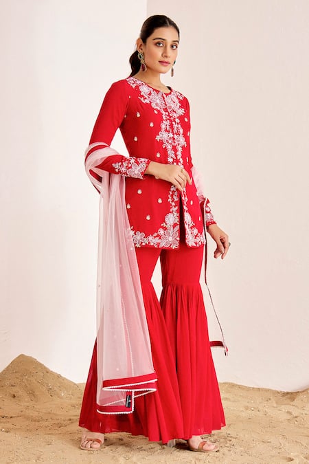 Suruchi Parakh_Red Net, Georgette Pearls, Cutdana Embroidered Floral Jacket Kurta Sharara Set _Online_at_Aza_Fashions