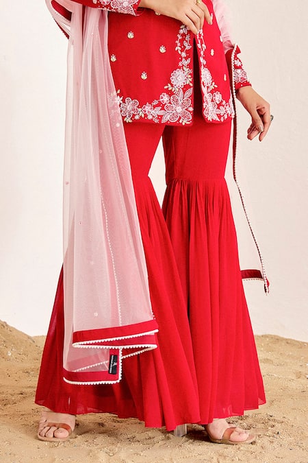 Buy_Suruchi Parakh_Red Net, Georgette Pearls, Cutdana Embroidered Floral Jacket Kurta Sharara Set _Online_at_Aza_Fashions