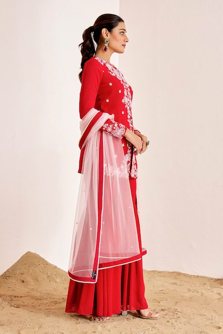 Shop_Suruchi Parakh_Red Net, Georgette Pearls, Cutdana Embroidered Floral Jacket Kurta Sharara Set _Online_at_Aza_Fashions