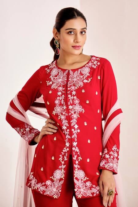 Suruchi Parakh_Red Net, Georgette Pearls, Cutdana Embroidered Floral Jacket Kurta Sharara Set _at_Aza_Fashions