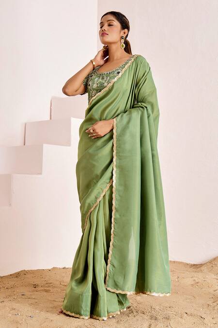 Buy_Suruchi Parakh_Green Georgette, Silk Sequins, Beads Round Border Saree With Embroidered Blouse _Online_at_Aza_Fashions
