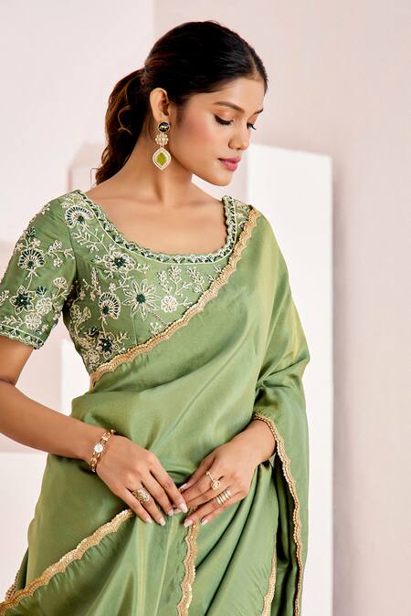 Suruchi Parakh_Green Georgette, Silk Sequins, Beads Round Border Saree With Embroidered Blouse _at_Aza_Fashions