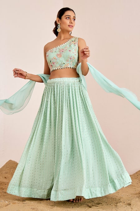 Buy_Suruchi Parakh_Green Organza, Georgette Pearls, Sequins One Zig-zag Embroidered Lehenga Set _Online_at_Aza_Fashions