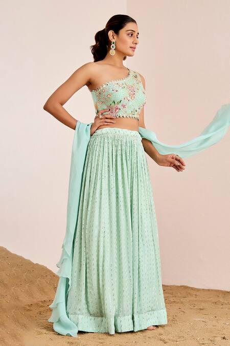 Shop_Suruchi Parakh_Green Organza, Georgette Pearls, Sequins One Zig-zag Embroidered Lehenga Set _Online_at_Aza_Fashions
