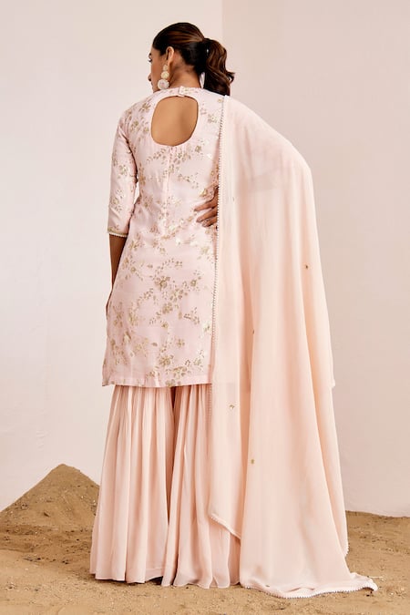 Shop Suruchi Parakh Peach Georgette Sequins, Pearls Round Neck Blossom Embroidered Kurta Sharara Set at Aza Fashions Shop_Suruchi Parakh_Peach Georgette Sequins, Pearls Round Neck Blossom Embroidered Kurta Sharara Set _at_Aza_Fashions