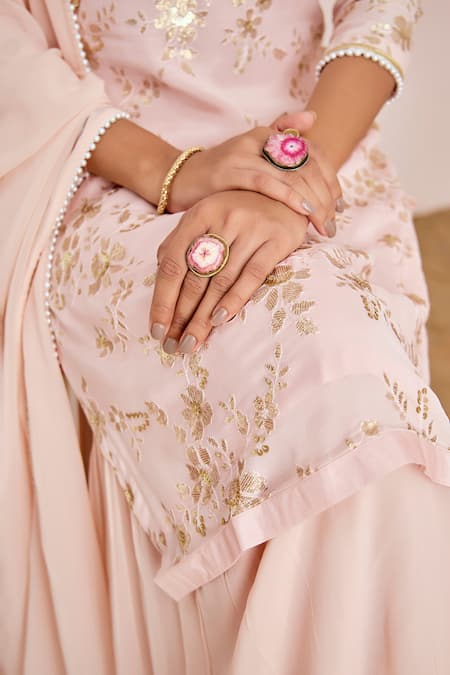 Shop Suruchi Parakh Peach Georgette Sequins, Pearls Round Neck Blossom Embroidered Kurta Sharara Set Online at Aza Fashions Shop_Suruchi Parakh_Peach Georgette Sequins, Pearls Round Neck Blossom Embroidered Kurta Sharara Set _Online_at_Aza_Fashions