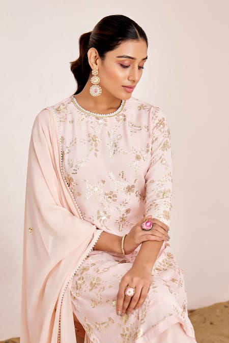 Suruchi Parakh Peach Georgette Sequins, Pearls Round Neck Blossom Embroidered Kurta Sharara Set at Aza Fashions Suruchi Parakh_Peach Georgette Sequins, Pearls Round Neck Blossom Embroidered Kurta Sharara Set _at_Aza_Fashions