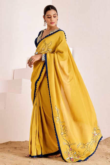 Shop_Suruchi Parakh_Yellow Georgette, Silk Sequins, Beads Pitta Floral Embroidered Saree With Blouse _Online_at_Aza_Fashions