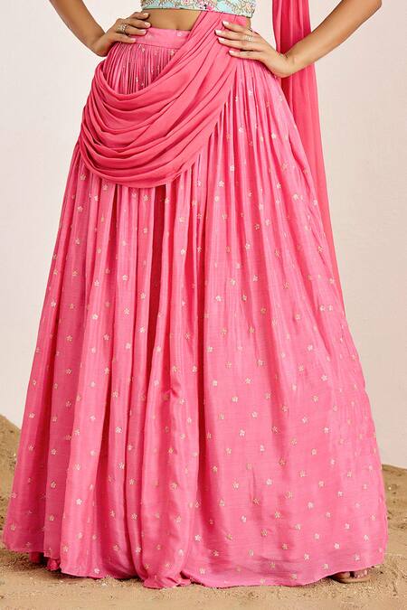 Suruchi Parakh Pink Georgette, Crepe Butti Embroidered Lehenga Saree With Printed Blouse Online at Aza Fashions Suruchi Parakh_Pink Georgette, Crepe Butti Embroidered Lehenga Saree With Printed Blouse _Online_at_Aza_Fashions