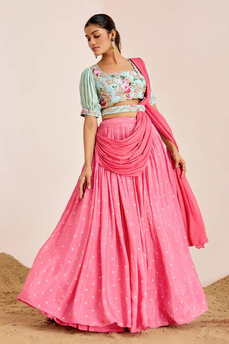 Buy Suruchi Parakh Pink Georgette, Crepe Butti Embroidered Lehenga Saree With Printed Blouse Online at Aza Fashions Buy_Suruchi Parakh_Pink Georgette, Crepe Butti Embroidered Lehenga Saree With Printed Blouse _Online_at_Aza_Fashions