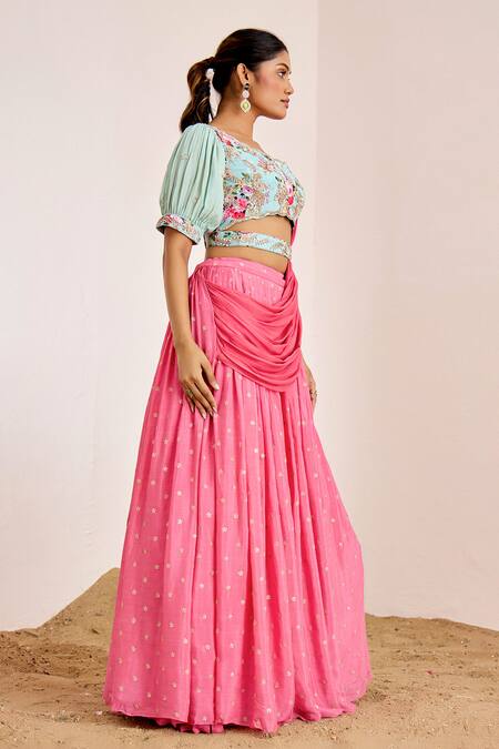 Shop Suruchi Parakh Pink Georgette, Crepe Butti Embroidered Lehenga Saree With Printed Blouse Online at Aza Fashions Shop_Suruchi Parakh_Pink Georgette, Crepe Butti Embroidered Lehenga Saree With Printed Blouse _Online_at_Aza_Fashions