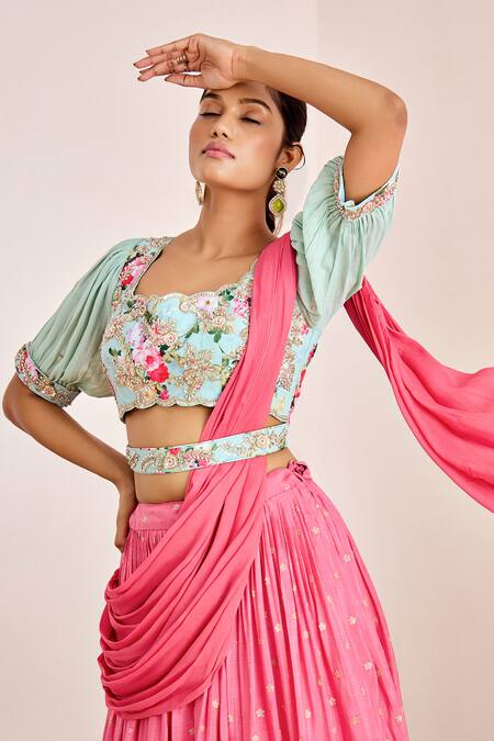 Suruchi Parakh Pink Georgette, Crepe Butti Embroidered Lehenga Saree With Printed Blouse at Aza Fashions Suruchi Parakh_Pink Georgette, Crepe Butti Embroidered Lehenga Saree With Printed Blouse _at_Aza_Fashions