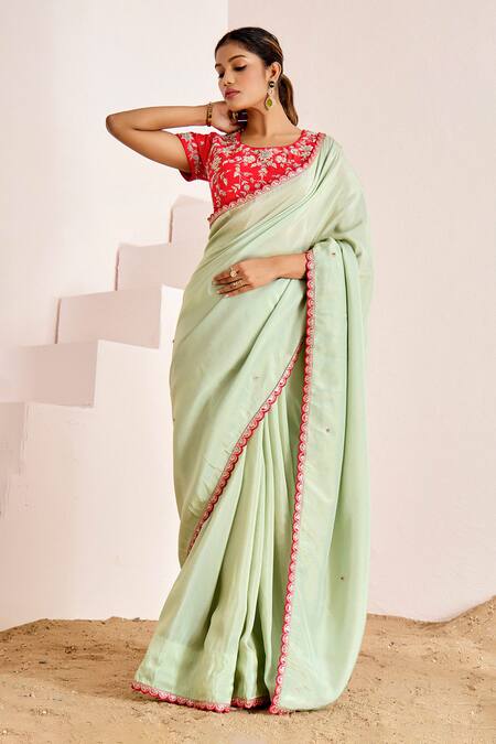 Buy_Suruchi Parakh_Green Georgette, Silk Sequins, Beads Butti Scallop Saree With Contrast Blouse _Online_at_Aza_Fashions