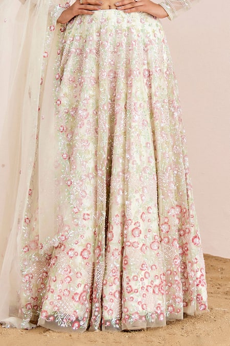 Suruchi Parakh_White Net Sequins, Pearls Round Neck Floral Embroidered Bridal Lehenga Set _Online_at_Aza_Fashions