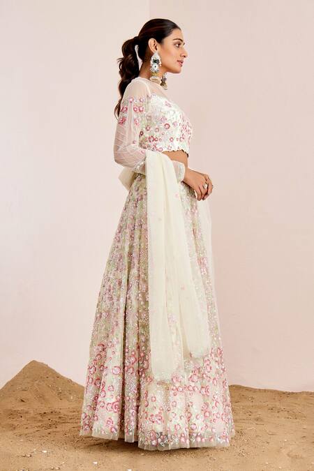 Buy_Suruchi Parakh_White Net Sequins, Pearls Round Neck Floral Embroidered Bridal Lehenga Set _Online_at_Aza_Fashions