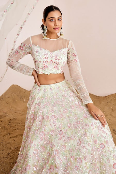 Shop_Suruchi Parakh_White Net Sequins, Pearls Round Neck Floral Embroidered Bridal Lehenga Set _Online_at_Aza_Fashions