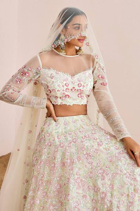 Suruchi Parakh_White Net Sequins, Pearls Round Neck Floral Embroidered Bridal Lehenga Set _at_Aza_Fashions