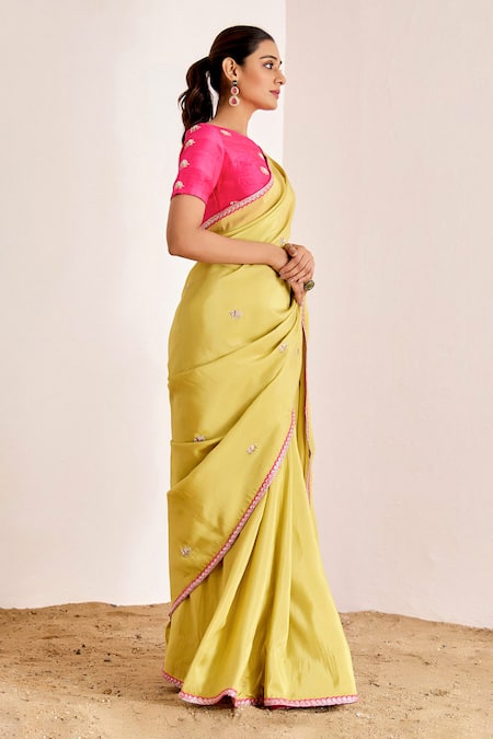 Suruchi Parakh_Yellow Georgette, Silk Embroidery Boat Neck Elephant Zari Saree With Blouse _Online_at_Aza_Fashions