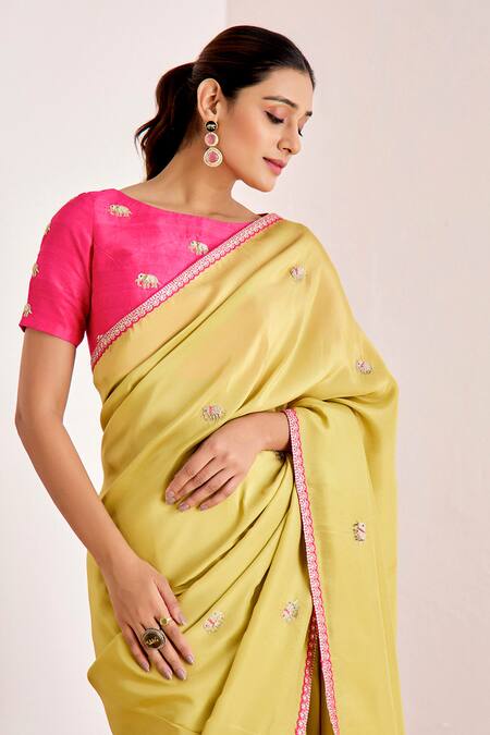 Shop_Suruchi Parakh_Yellow Georgette, Silk Embroidery Boat Neck Elephant Zari Saree With Blouse _Online_at_Aza_Fashions