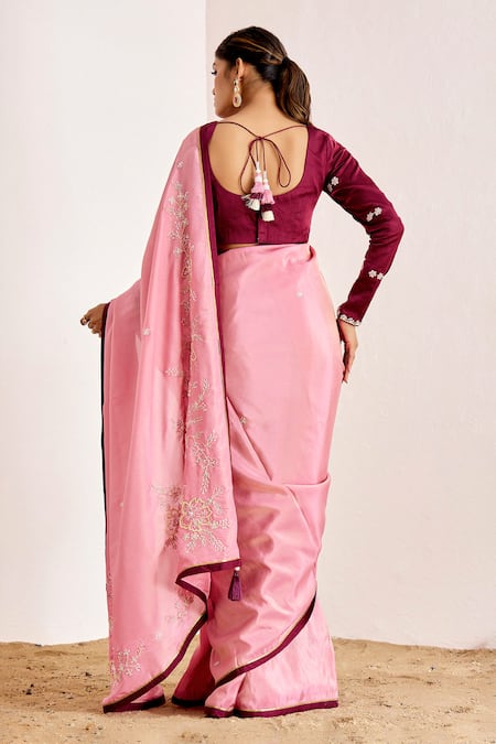 Suruchi Parakh Floral Vine Dori Embroidered Saree With Contrast Blouse 