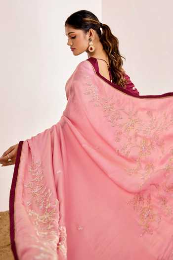 Suruchi Parakh_Pink Georgette, Silk Floral Vine Dori Embroidered Saree With Contrast Blouse _Online_at_Aza_Fashions
