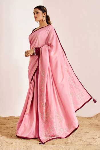 Buy_Suruchi Parakh_Pink Georgette, Silk Floral Vine Dori Embroidered Saree With Contrast Blouse _Online_at_Aza_Fashions