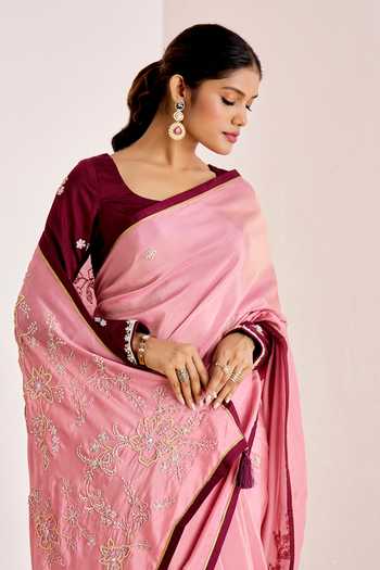 Shop_Suruchi Parakh_Pink Georgette, Silk Floral Vine Dori Embroidered Saree With Contrast Blouse _Online_at_Aza_Fashions
