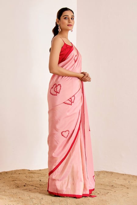 Suruchi Parakh_Pink Georgette, Silk Embroidery Scoop Neck Heart Saree With Strappy Blouse _Online_at_Aza_Fashions