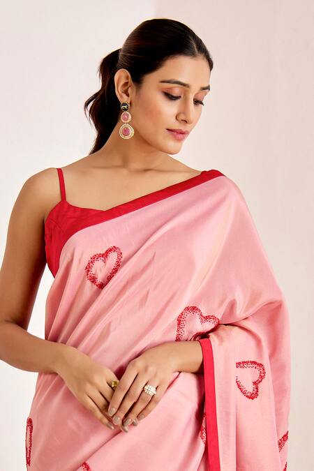 Buy_Suruchi Parakh_Pink Georgette, Silk Embroidery Scoop Neck Heart Saree With Strappy Blouse _Online_at_Aza_Fashions