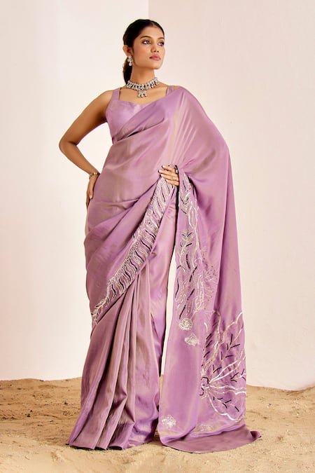 Suruchi Parakh Sequin Floral Embroidered Saree With Plain Blouse 